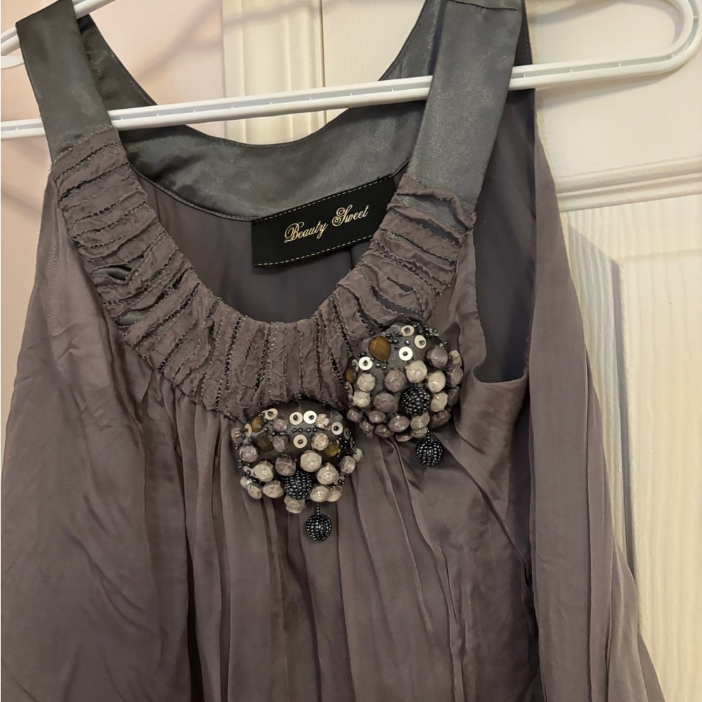 Gray Sleeveless Dress with Beaded Embellishments